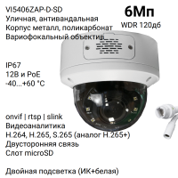 Антивандальная купольная IP-камера XVI VI5406ZAP-D-SD, 6Мп, вариофокальный объектив, питание PoE и 12В, слот microSD, микрофон, динамик, Dual LED подсветка