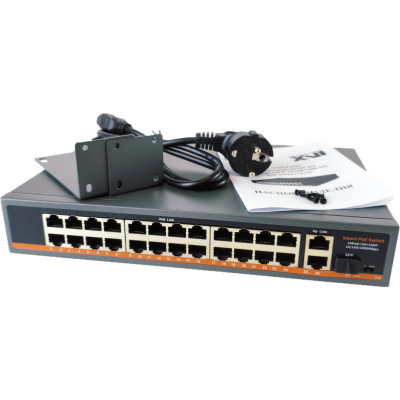 Коммутатор XVI SWP1024, 27_портов: 24_порта 100Мбит/с с PoE + 2_порта 1Гбит/с + 1xSFP, 400Вт